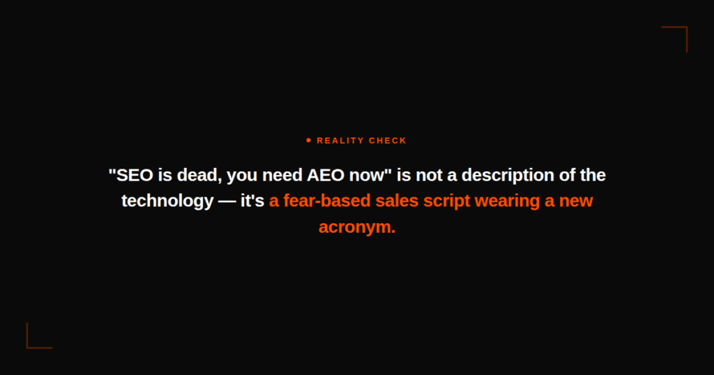 Dark pull-quote slide reading "SEO is dead" pitches are a fear-based sales script wearing a new acronym