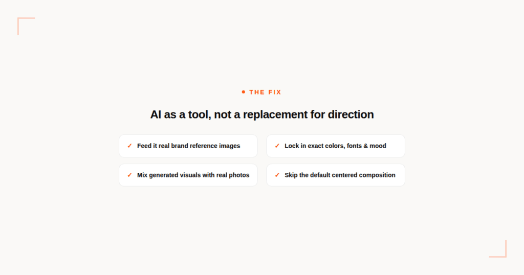 Light checklist: four ways to keep AI-generated visuals from looking generic (brand references, exact colors/fonts, mixing with real photos, breaking default composition)