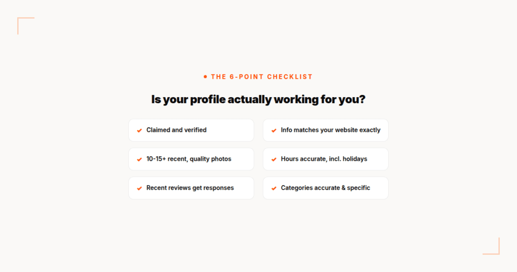 Six-point checklist: claimed and verified, matching info, 10-15+ photos, accurate hours, reviews answered, accurate categories