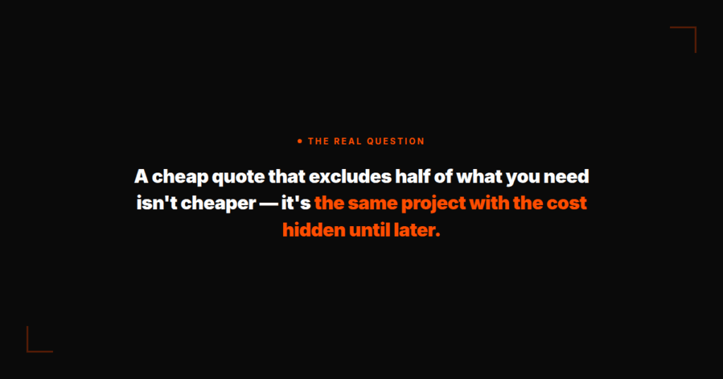 Quote graphic: "A cheap quote that excludes half of what you need isn't cheaper — it's the same project with the cost hidden until later."