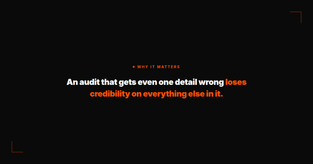 Quote graphic: "An audit that gets even one detail wrong loses credibility on everything else in it."