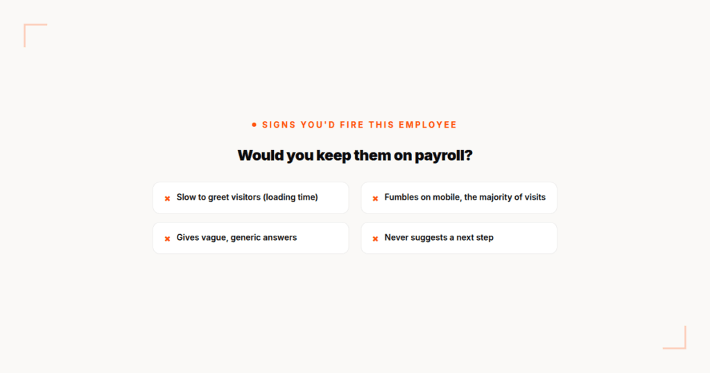 Four warning signs: slow to greet visitors (loading time), fumbles on mobile, gives vague generic answers, never suggests a next step