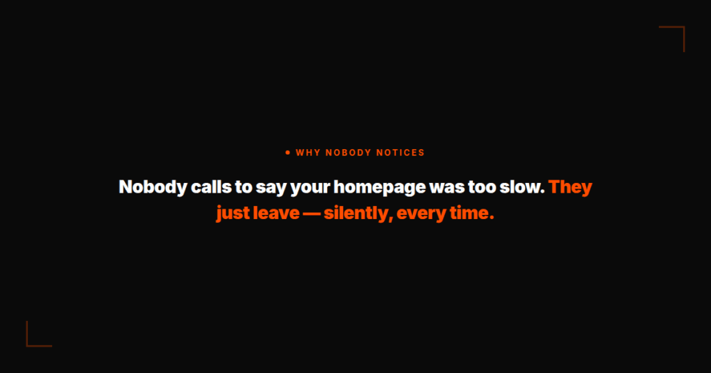 Quote graphic: "Nobody calls to say your homepage was too slow. They just leave — silently, every time."