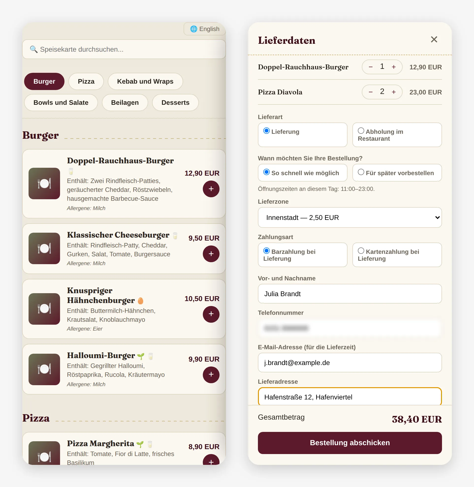 Speisekarte und Kasse von Food Ordering Now auf dem Telefon: Kategorien, Preise, Allergenhinweise, Lieferzone, Zahlungsart und Gesamtsumme.