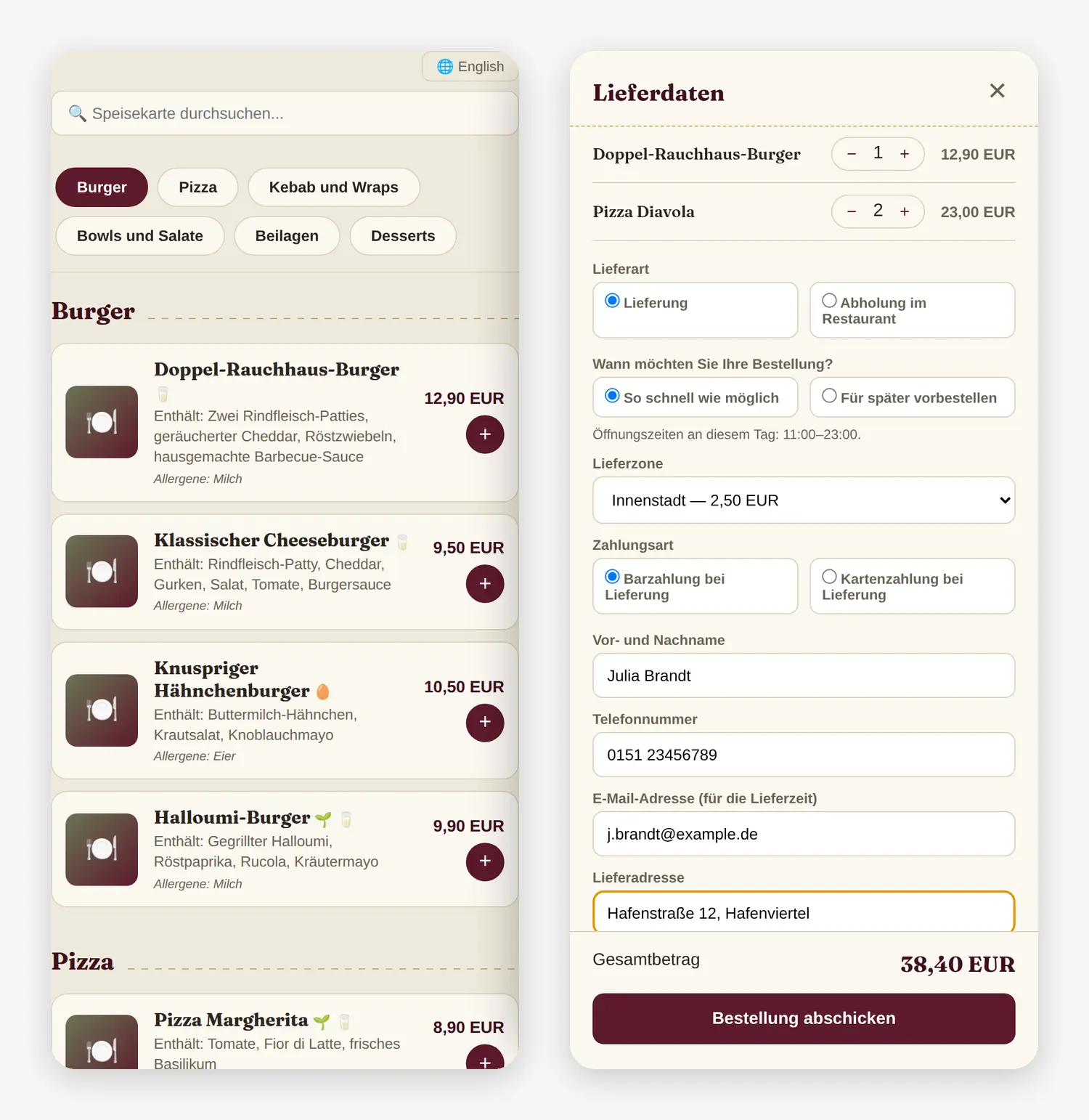 Speisekarte und Kasse von Food Ordering Now auf dem Telefon: Kategorien, Preise, Allergenhinweise, Lieferzone, Zahlungsart und Gesamtsumme.
