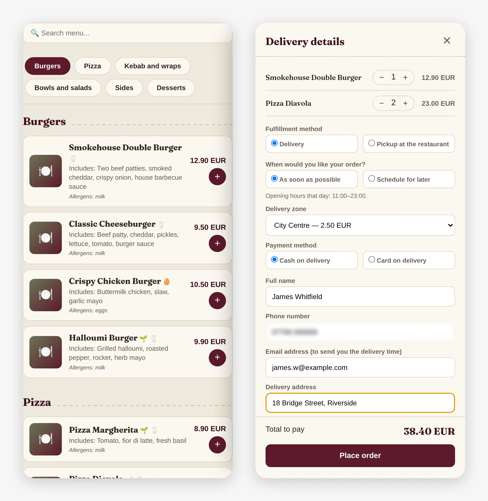 The Food Ordering Now menu and checkout on a phone: dish categories, prices, allergen marks, delivery zone, payment method and the order total.