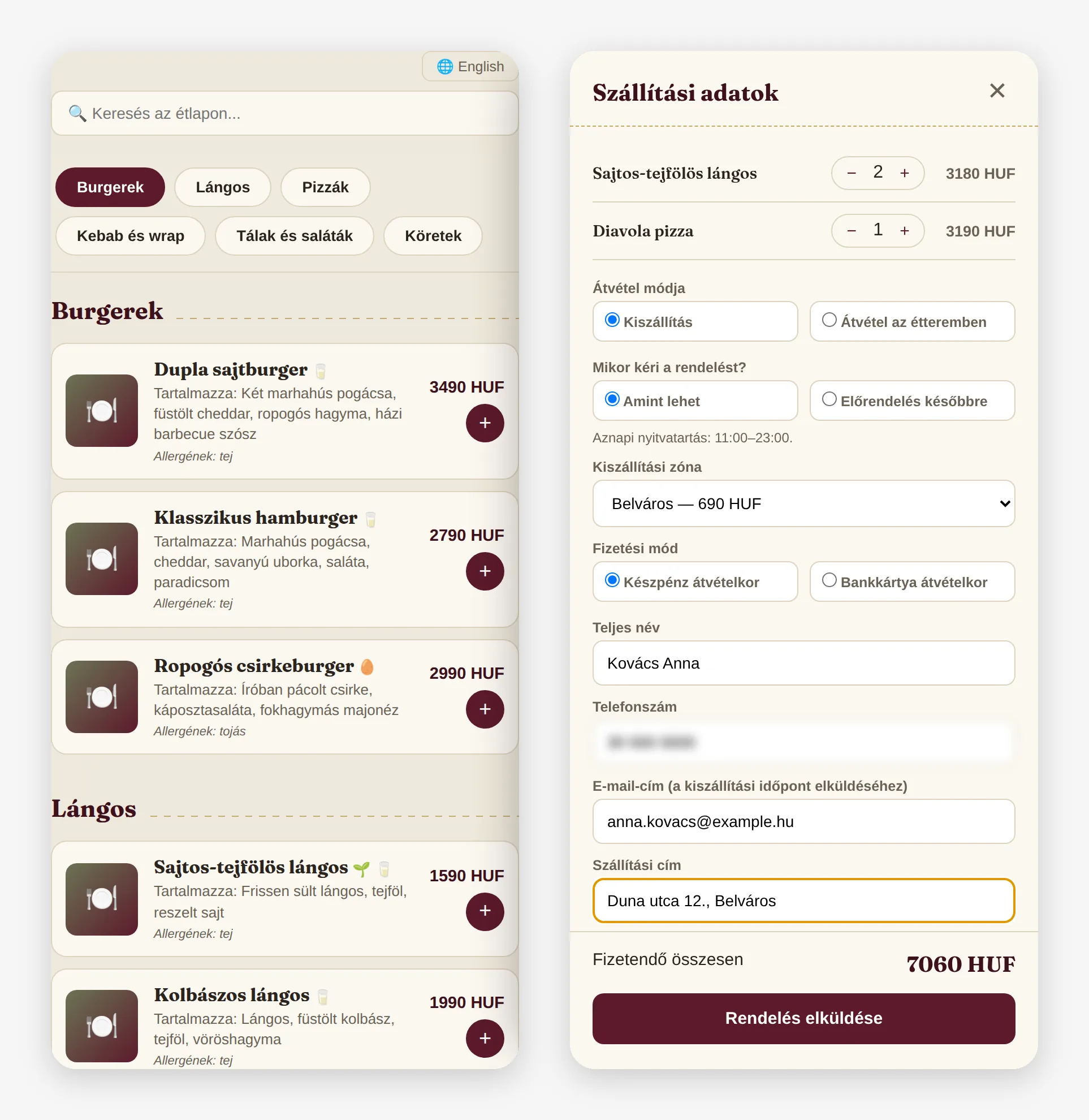 A Food Ordering Now étlapja és megrendelési űrlapja telefonon: kategóriák, árak, allergénjelölések, szállítási zóna, fizetési mód és végösszeg.