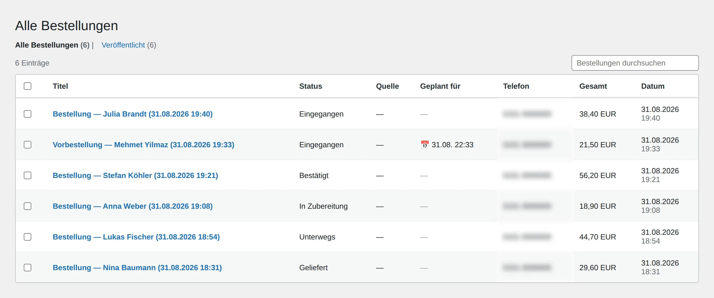 Die Bestellliste von Food Ordering Now im WordPress-Adminbereich: Titel, Status, geplante Zeit, Telefonnummer und Summe je Bestellung.
