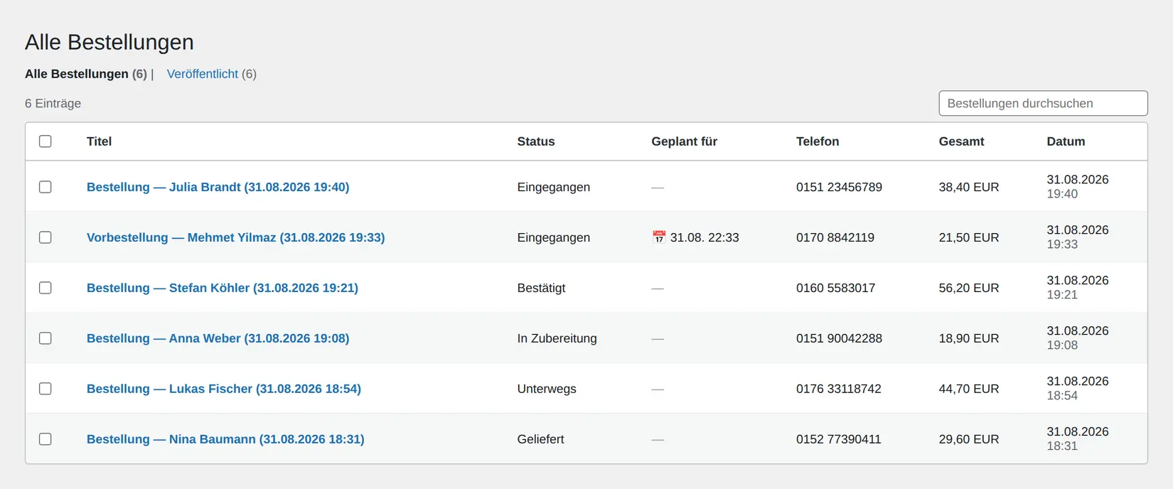 Die Bestellliste von Food Ordering Now im WordPress-Adminbereich: Titel, Status, geplante Zeit, Telefonnummer und Summe je Bestellung.