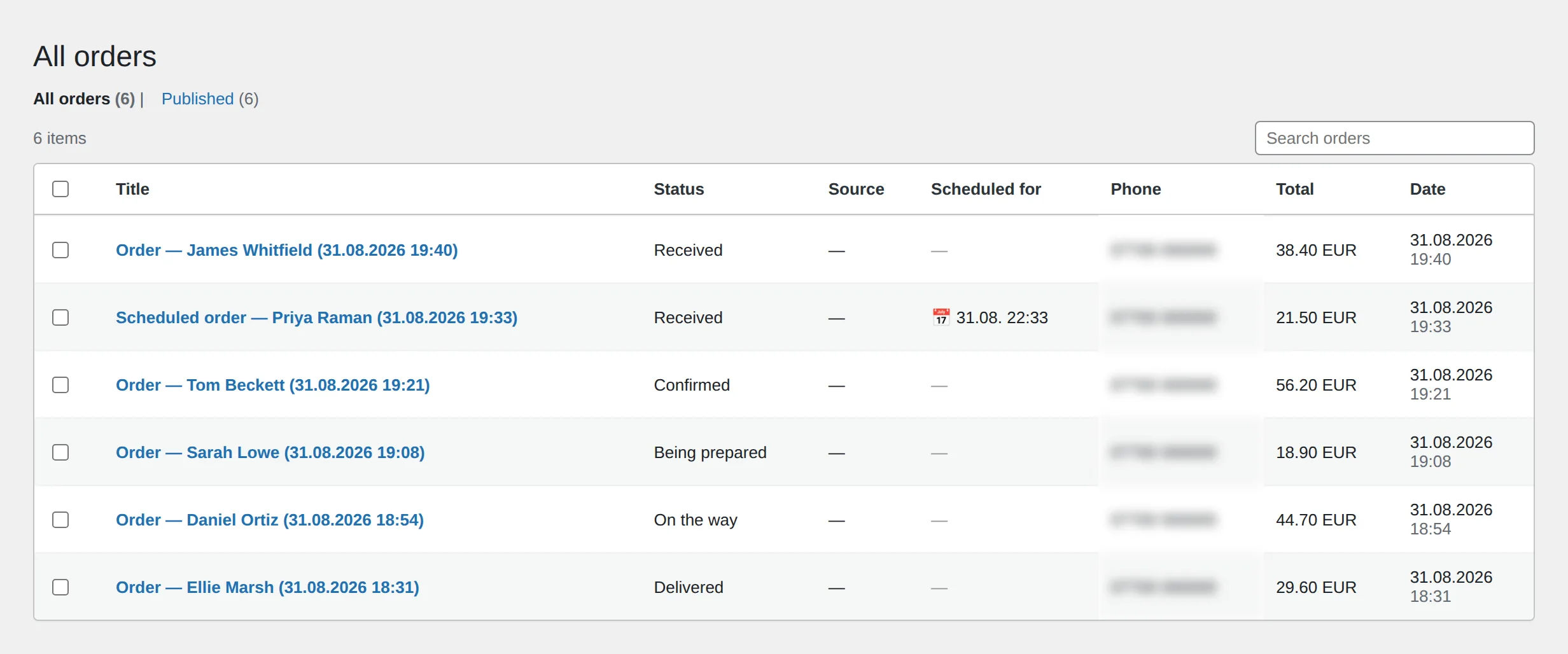 The Food Ordering Now orders list in the WordPress admin: order title, status, scheduled time, phone number and total for each order.