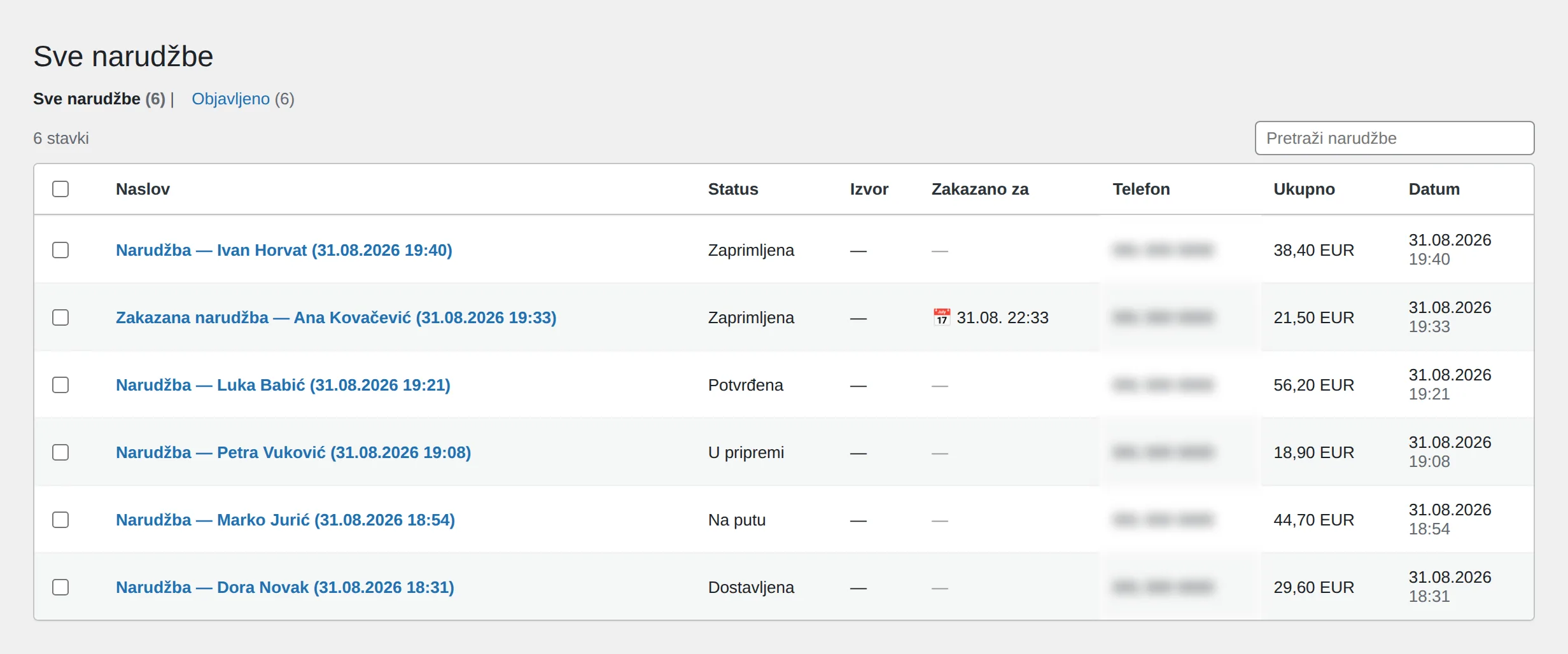 The Food Ordering Now orders list in the WordPress admin: order title, status, scheduled time, phone number and total for each order.