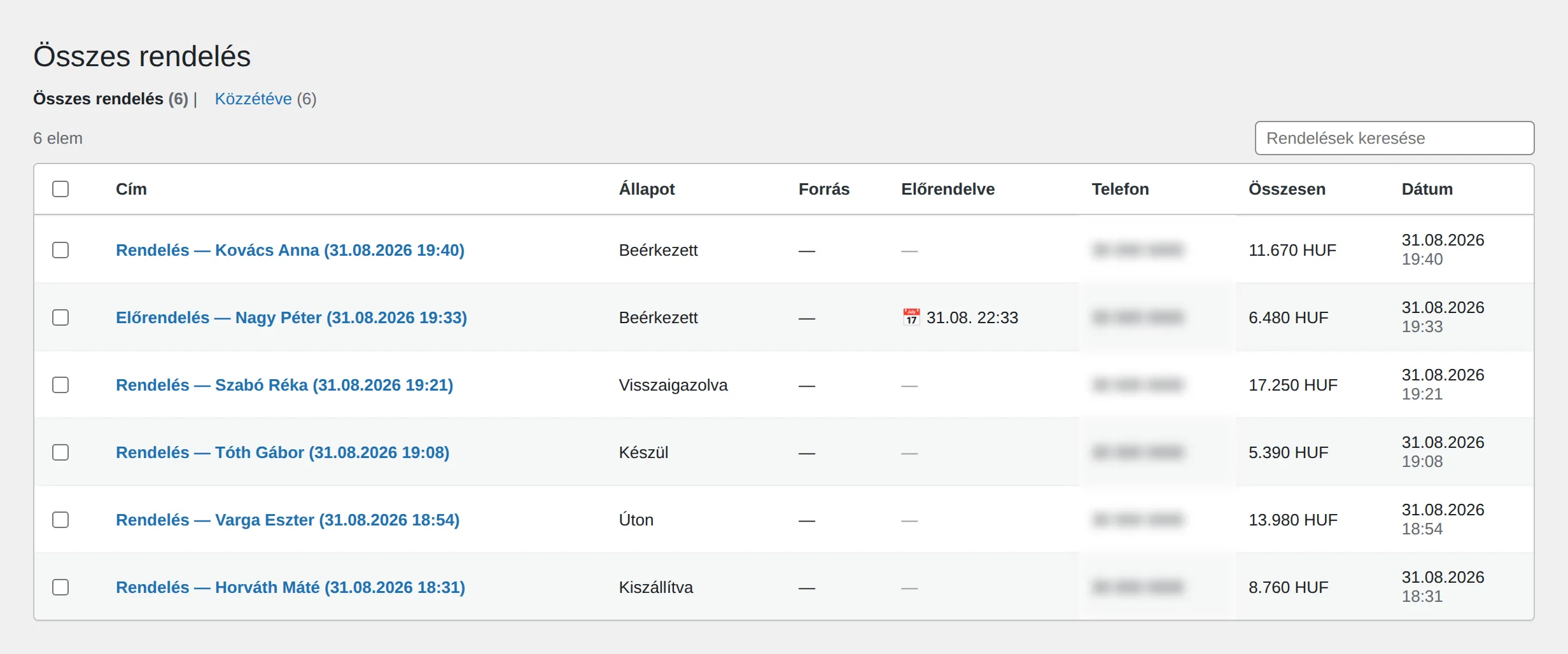 A Food Ordering Now rendeléslistája a WordPress adminfelületén: cím, állapot, előrendelt időpont, telefonszám és összeg rendelésenként.