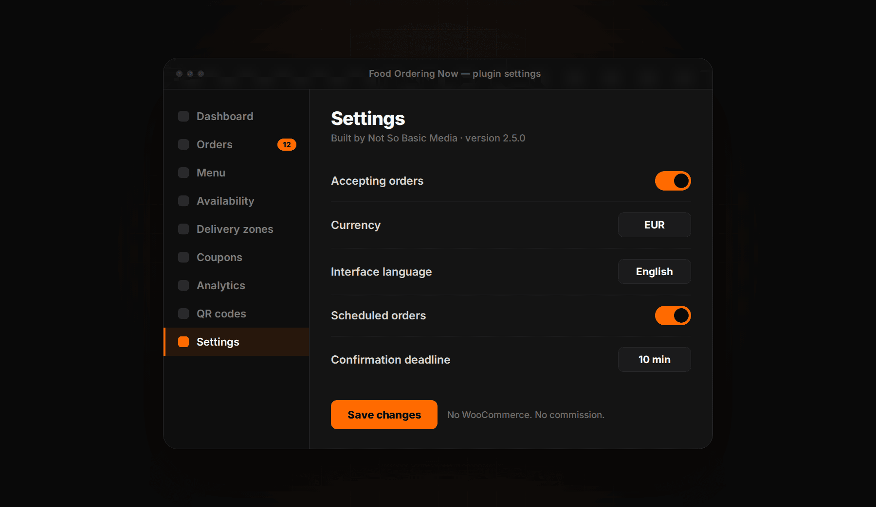 Food Ordering Now plugin settings in the WordPress admin — currency, language, scheduled orders, confirmation deadline
