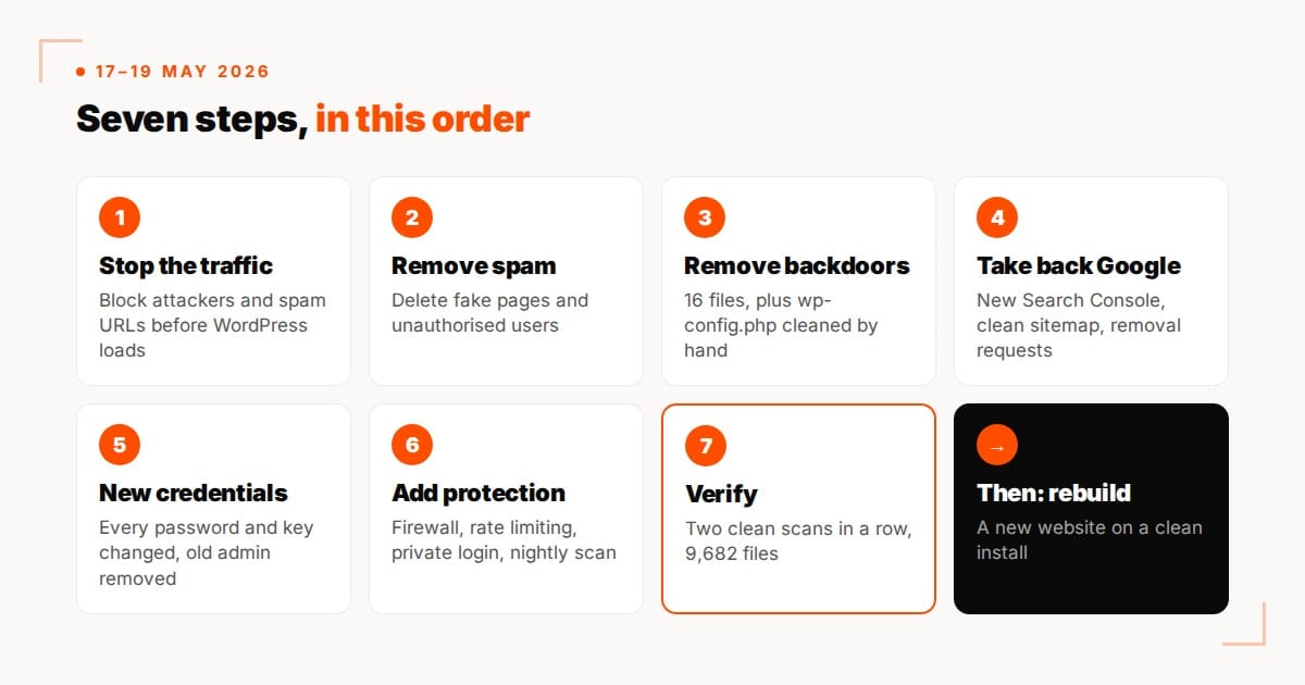 Seven cleanup steps: stop the traffic, remove spam, remove backdoors, take back Google, new credentials, protection, verify