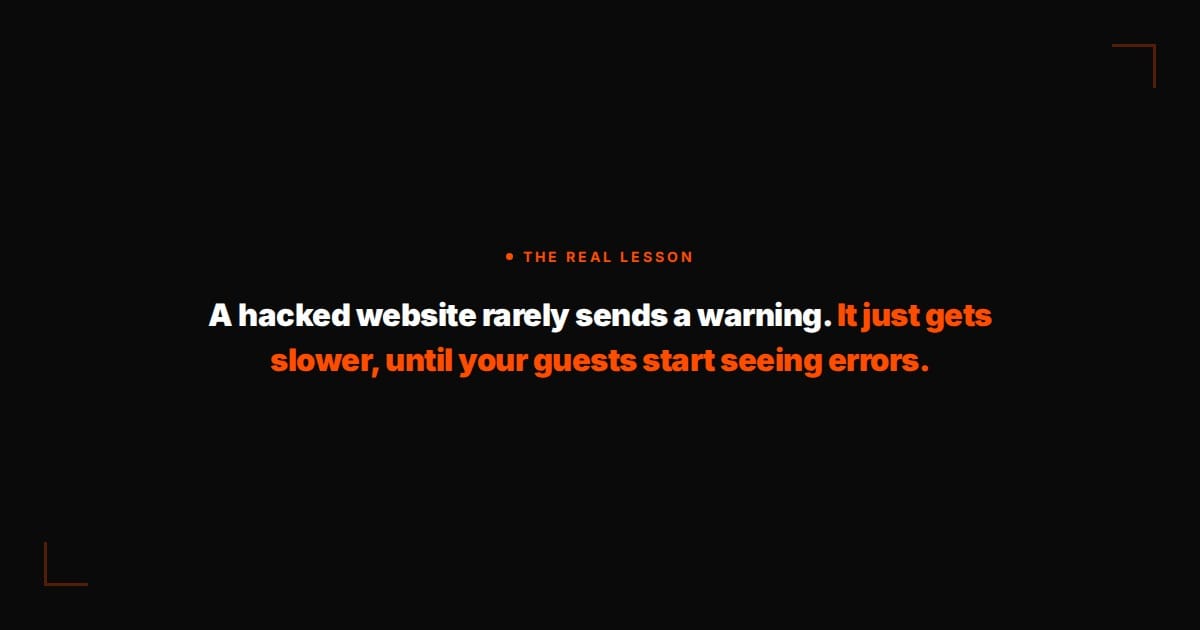 A hacked website rarely sends a warning. It just gets slower, until your guests start seeing errors