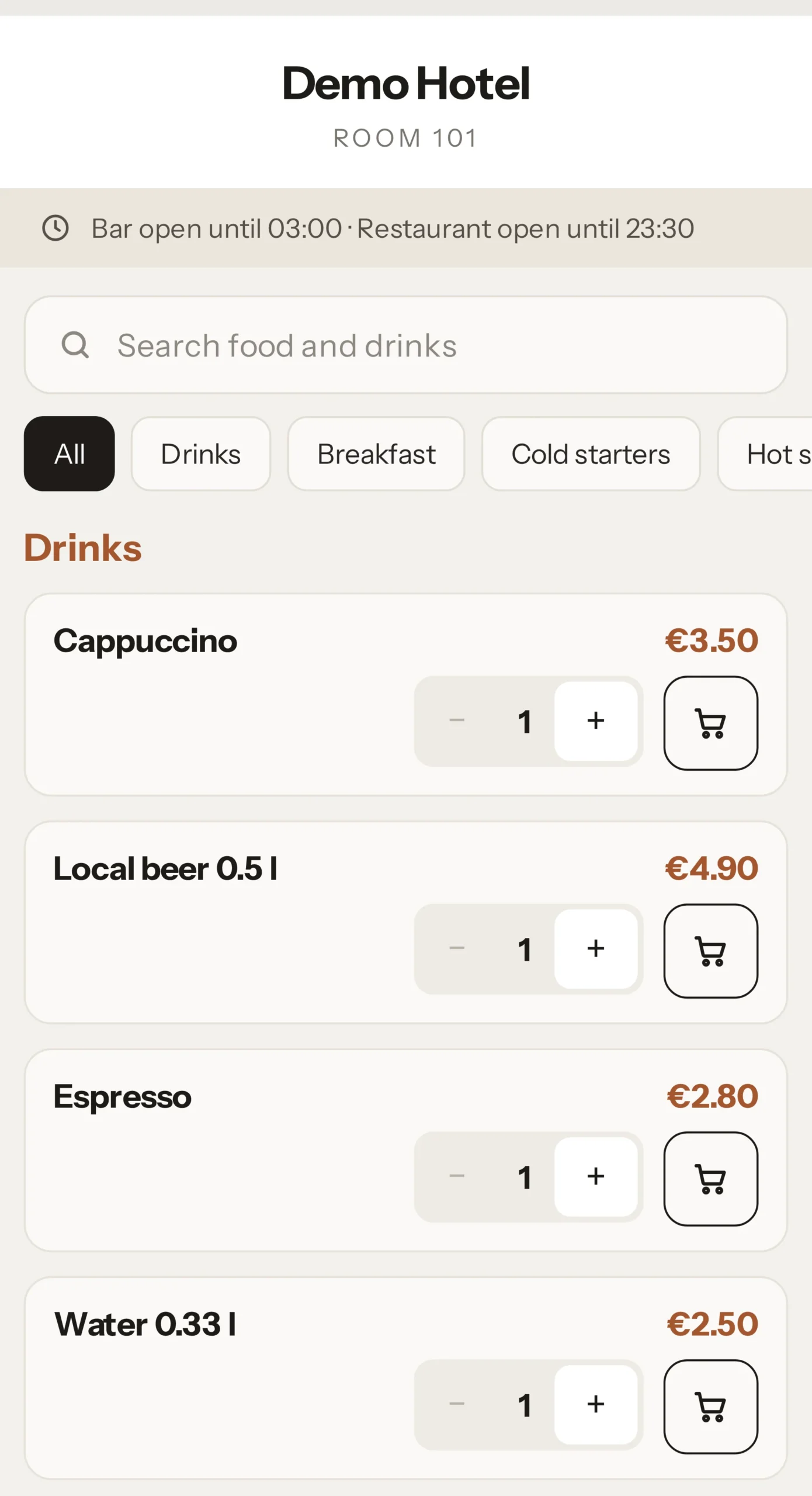 Room Service Now menu on a guest's phone, room 101